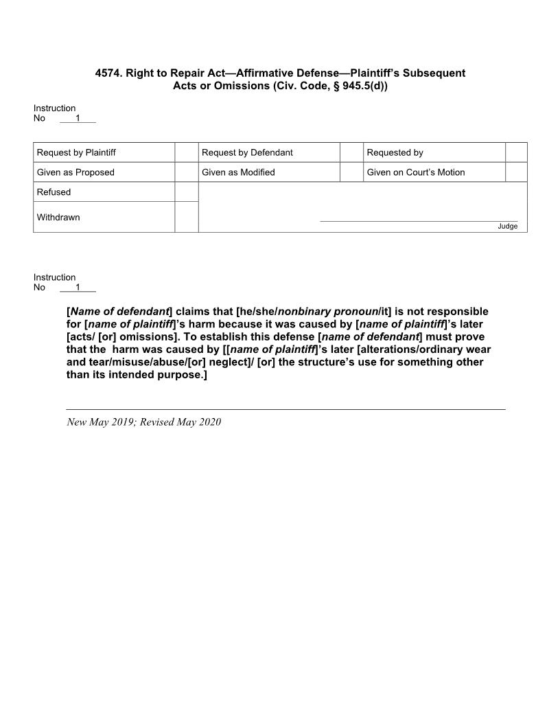 4574. Right To Repair Act Affirmative Defense Plaintiffs Subsequent Acts Omissions | Pdf Docx | Jury Instructions