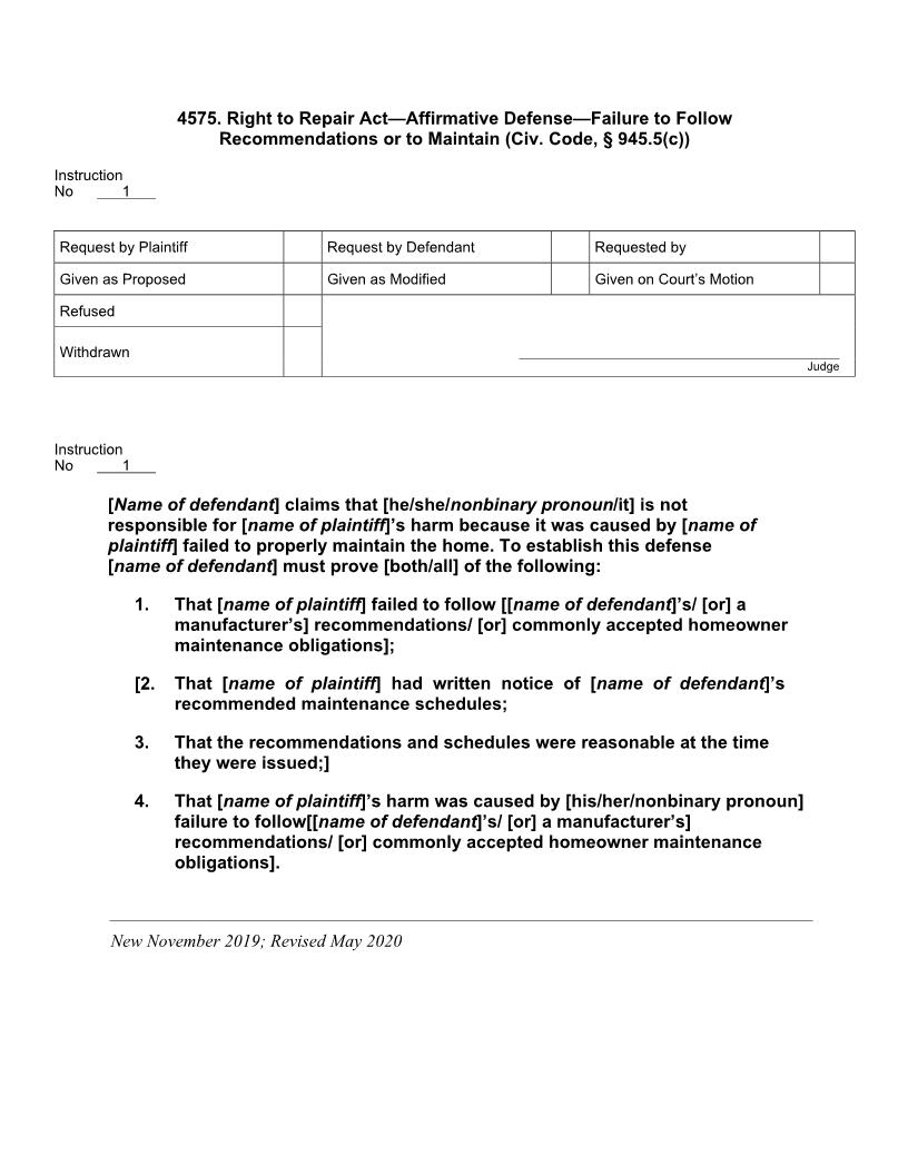 4575. Right To Repair Act Affirmative Defense Failure To Properly Maintain Home | Pdf Docx | Jury Instructions