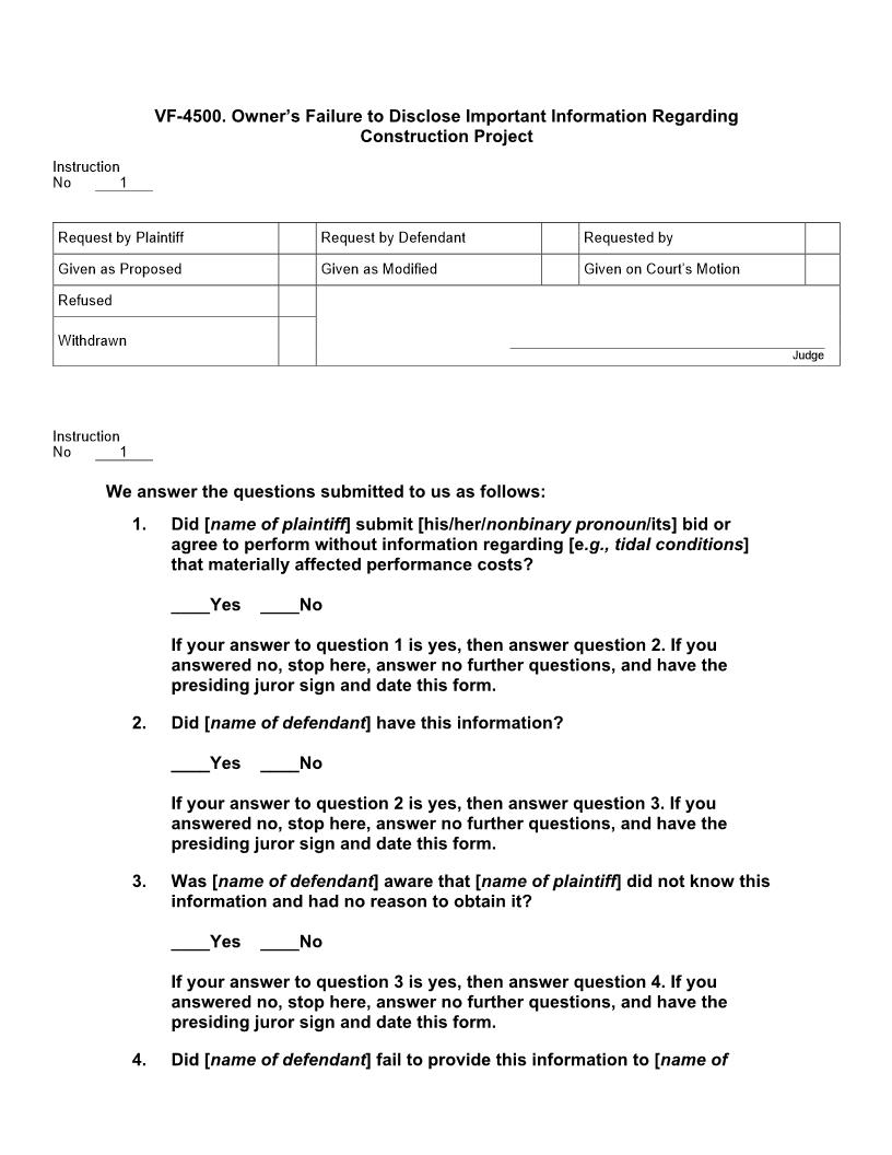 VF 4500. Owners Failure to Disclose Important Information Regarding Construction Project | Pdf Doc Docx | Jury Instructions
