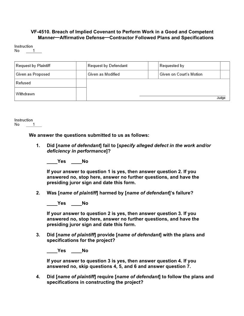 VF 4510. Breach Of Implied Covenant Work Competent Affirmative Defense Followed Plans | Pdf Doc Docx | Jury Instructions