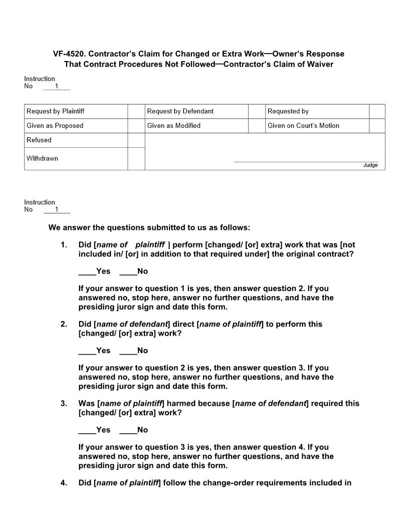 VF 4520. Contractors Claim For Extra Work Response Contract Not Followed Claim Waiver | Pdf Docx | Jury Instructions