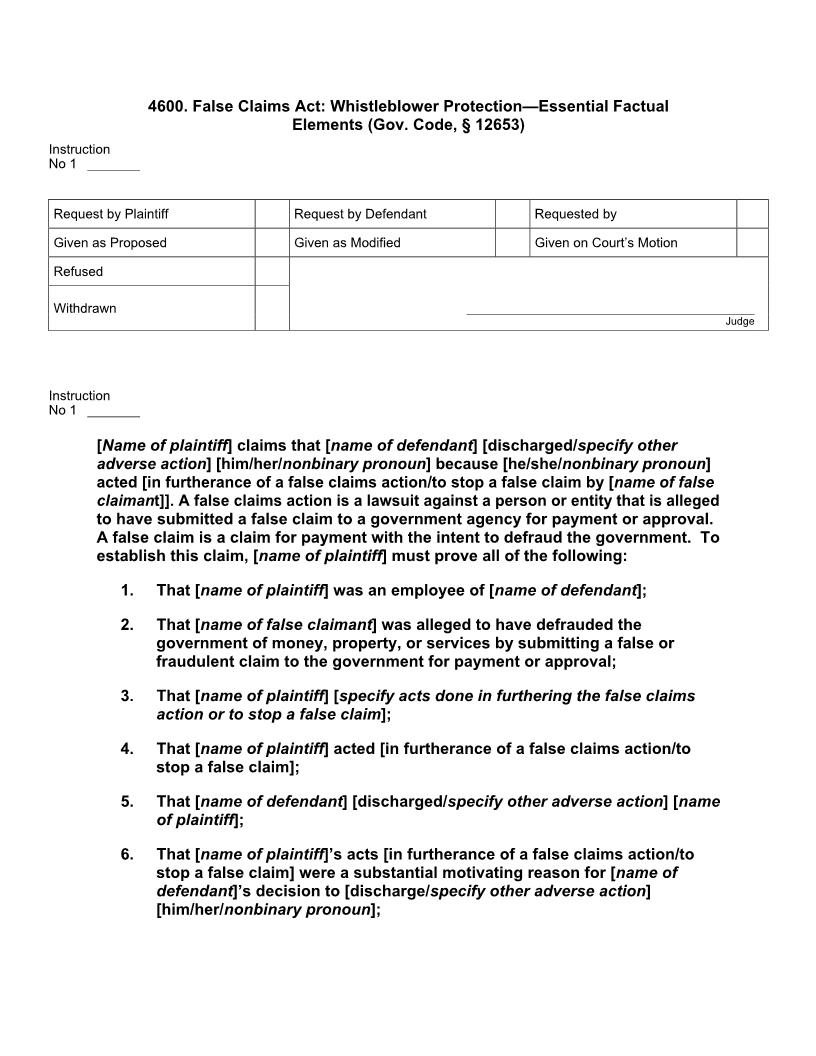 4600. False Claims Act Whistleblower Protection Essential Factual Elements | Pdf Doc Docx | Jury Instructions