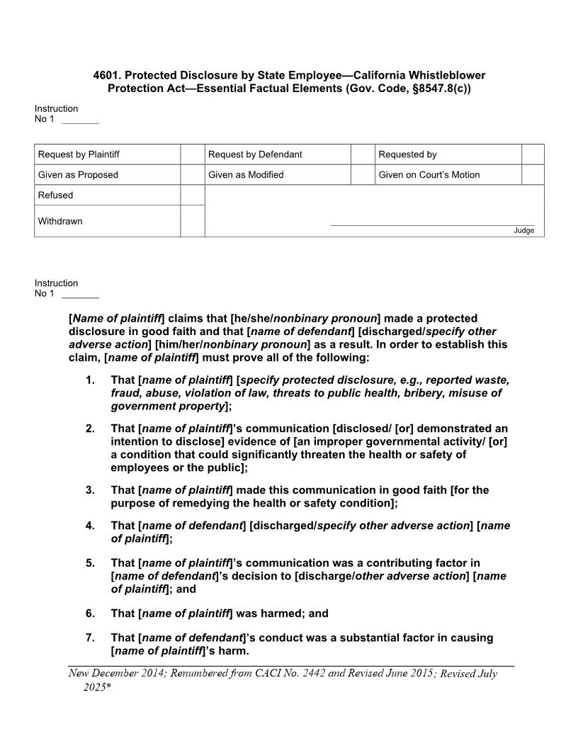 4601. Protcected Disclosure State Employee CA Whistleblower Protection Act Essential Factual Elements | Pdf Doc Docx | Jury Instructions