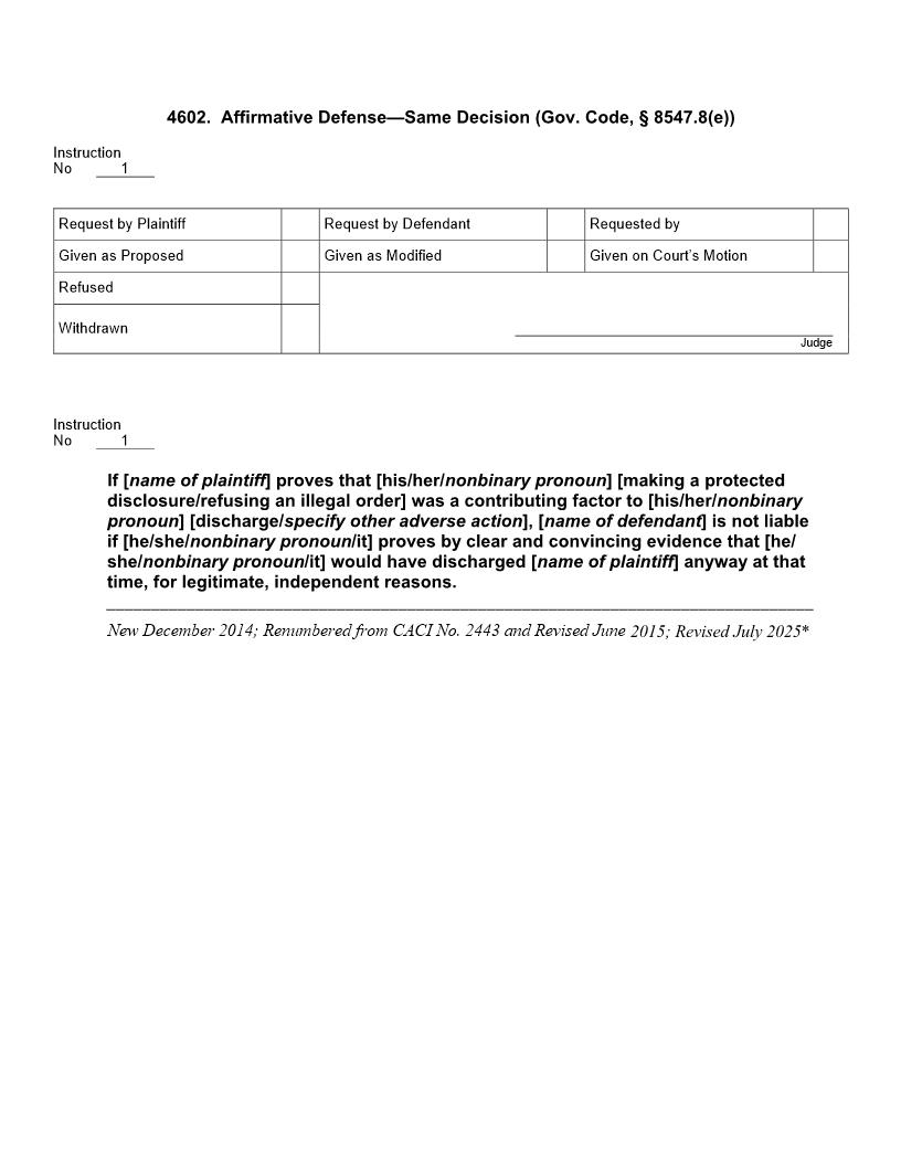 4602. Affirmative Defense Same Decision (Gov Code, § 8547.8(e)) | Pdf Doc Docx | Jury Instructions