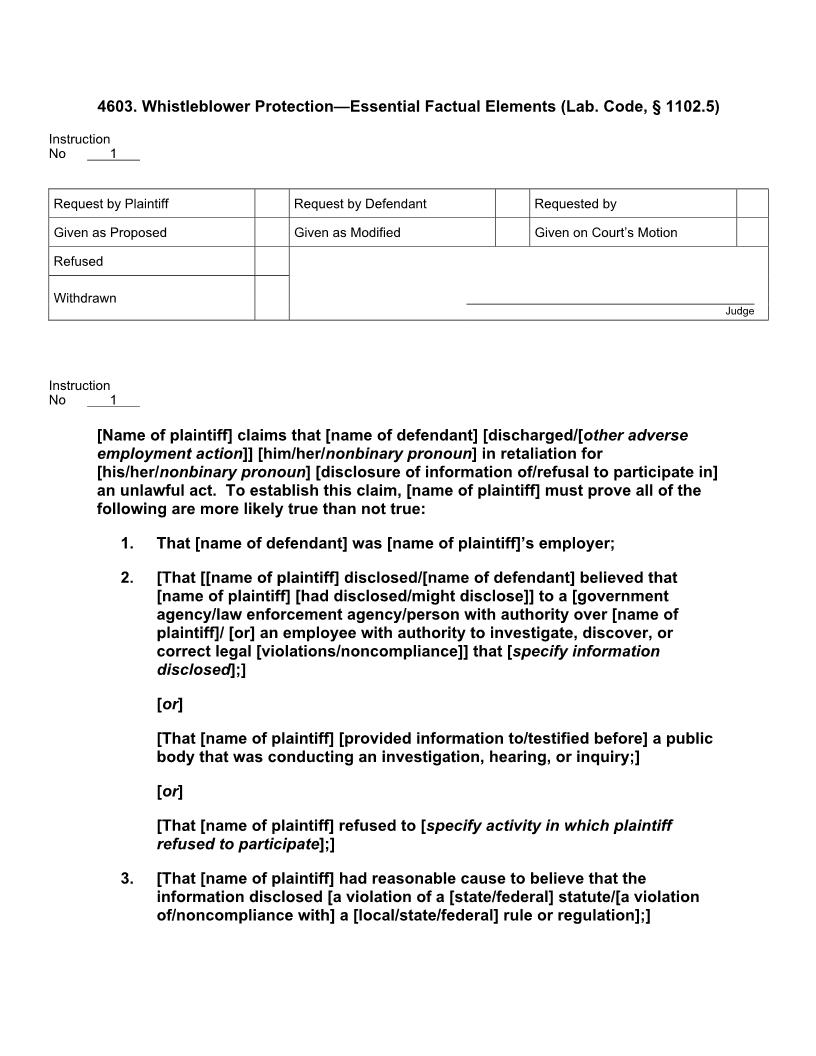 4603. Whistleblower Protection Essential Factual Elements (Lab. Code, § 1102.5) | Pdf Doc Docx | Jury Instructions