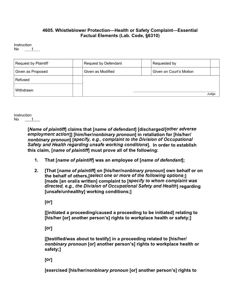 4605. Whistleblower Protn Health or Safety Complaint Essential Factual Els (Lab. Code, § 6310) | Pdf Doc Docx | Jury Instructions