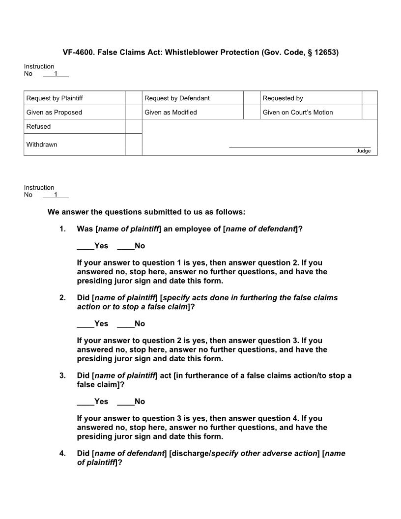 VF 4600. False Claims Act Whistleblower Protection (Gov. Code, § 12653) | Pdf Doc Docx | Jury Instructions