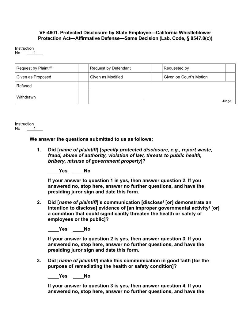 VF 4601. Protected Disclosure State Employee CA Whistleblower PA Affirmative Defense Same Decision | Pdf Doc Docx | Jury Instructions