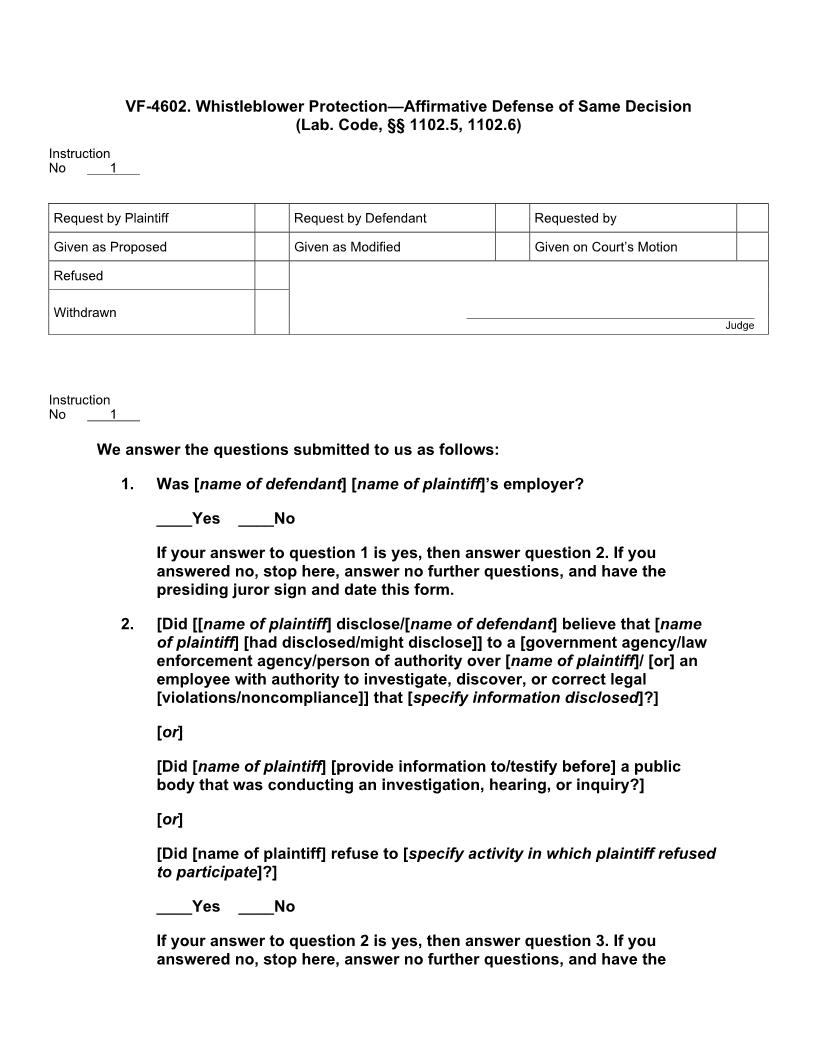 VF 4602. Whistleblower Protection Affirmative Defense of Same Decision | Pdf Docx | Jury Instructions