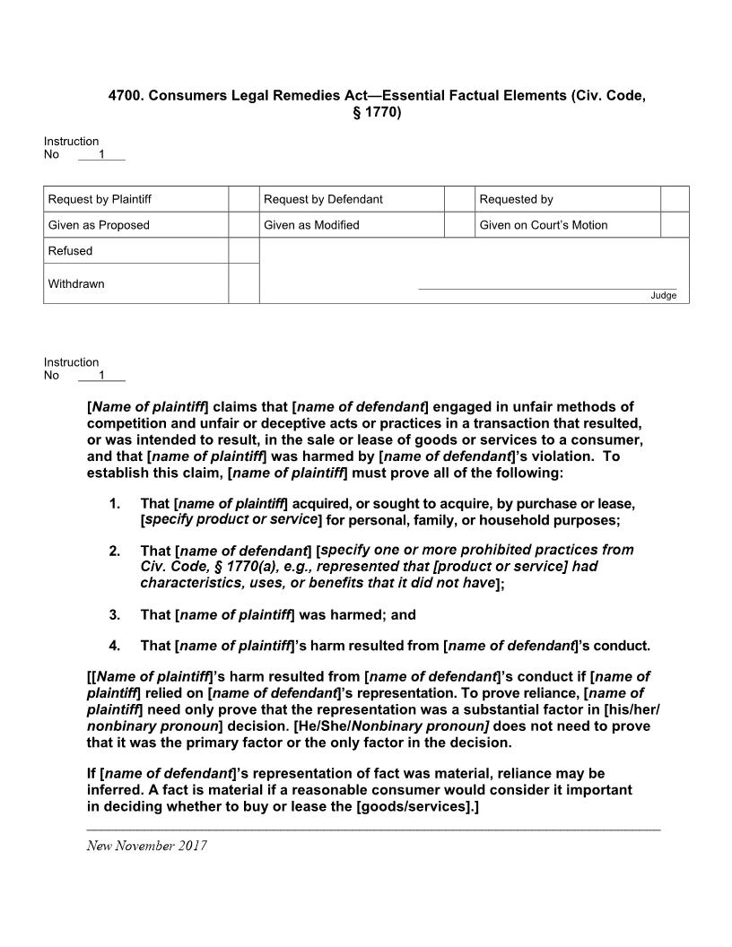 4700. Consumers Legal Remedies Act Essential Factual Elements | Pdf Docx | Jury Instructions