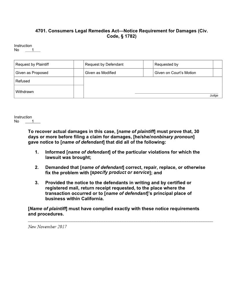 4701. Consumers Legal Remedies Act Notice Requirement for Damages | Pdf Docx | Jury Instructions