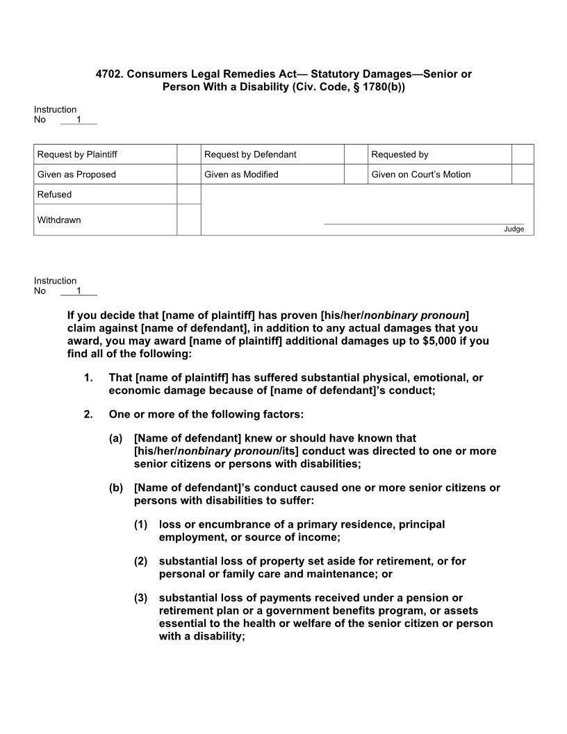 4702. Consumers Legal Remedies Act Statutory Damages Senior Or Person With A Disability | Pdf Docx | Jury Instructions