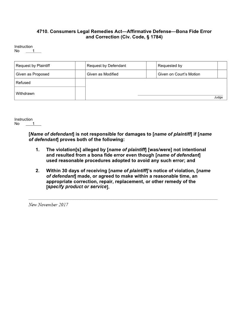 4710. Consumers Legal Remedies Act-Affirmative Defense-Bona Fide Error-Correction | Pdf Docx | Jury Instructions