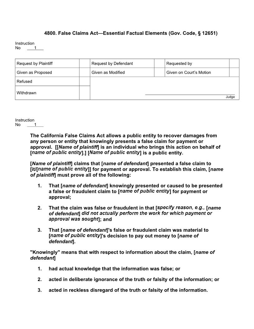 4800. False Claims Act Essential Factual Elements (Gov. Code,  12651) | Pdf Docx | Jury Instructions