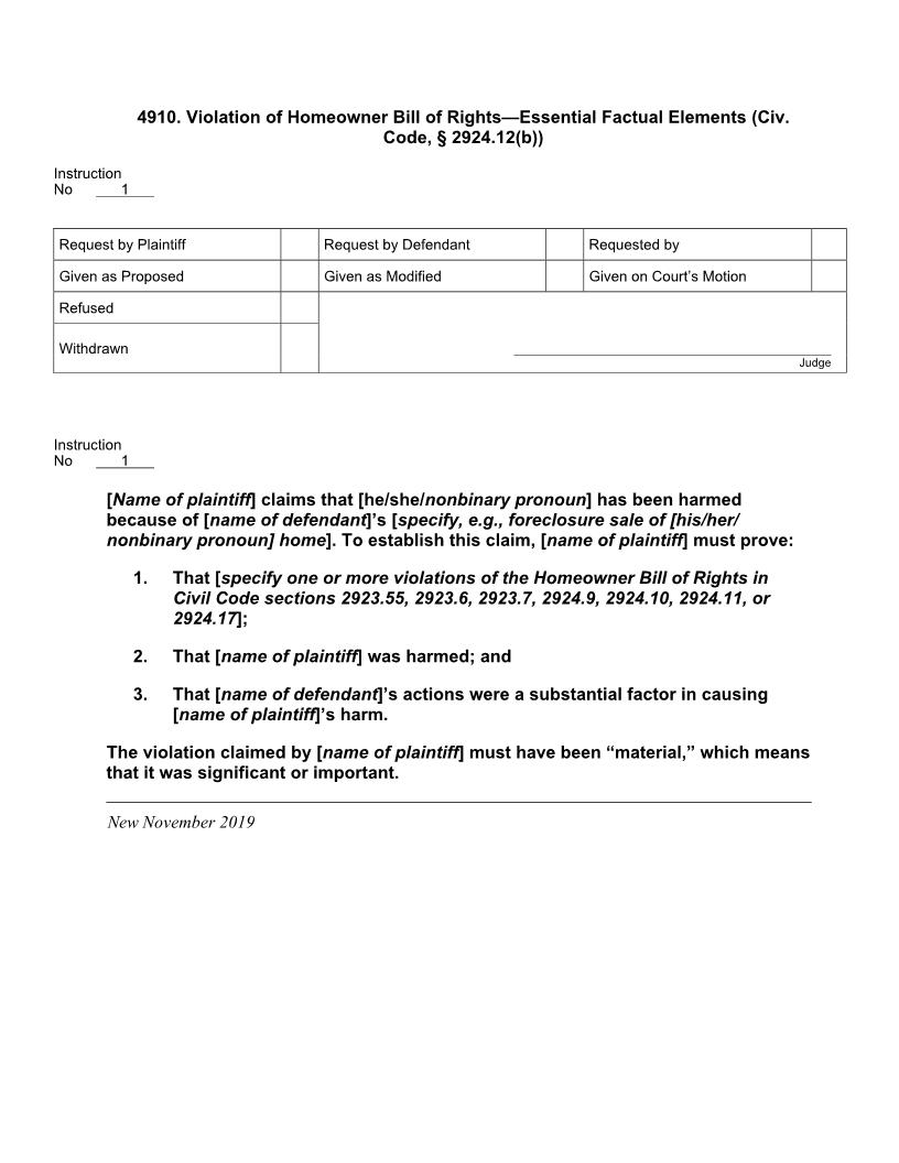4910. Violation Of Homeowner Bill Of Rights Essential Factual Elements | Pdf Docx | Jury Instructions