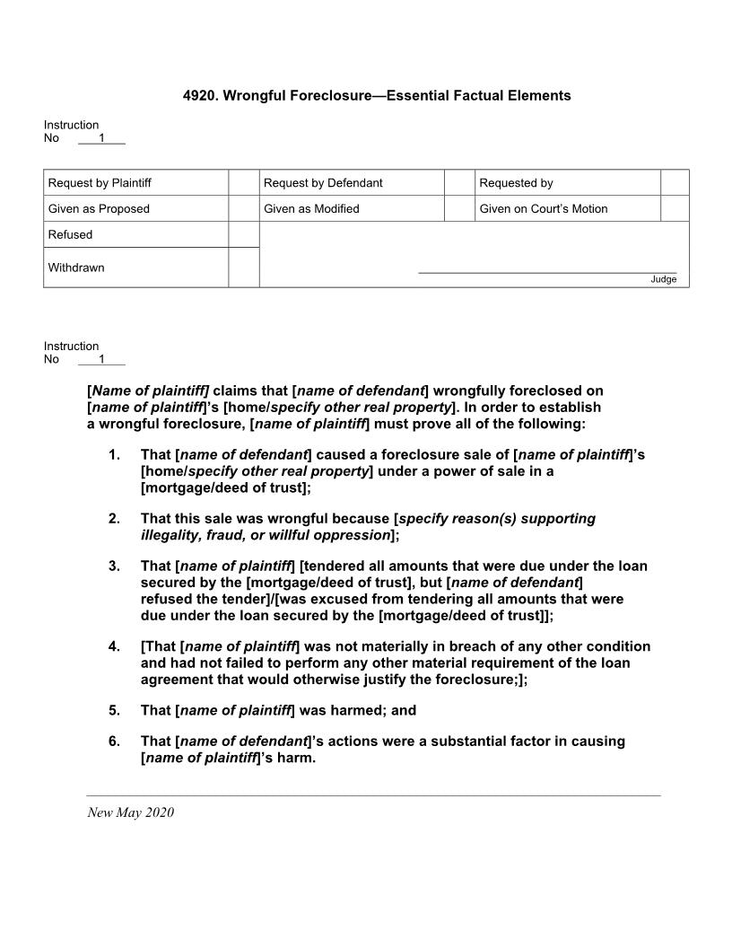 4920. Wrongful Foreclosure-Essential Factual Elements | Pdf Docx | Jury Instructions