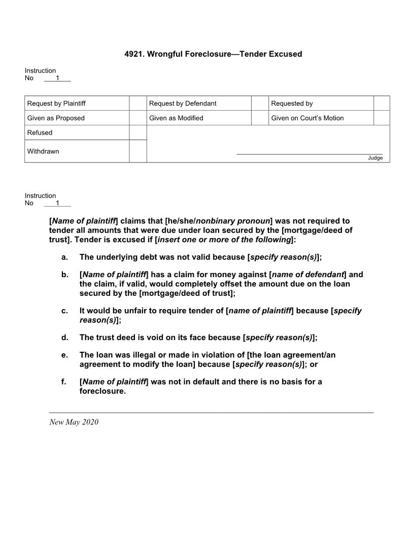 4921. Wrongful Foreclosure-Tender Excused | Pdf Docx | Jury Instructions