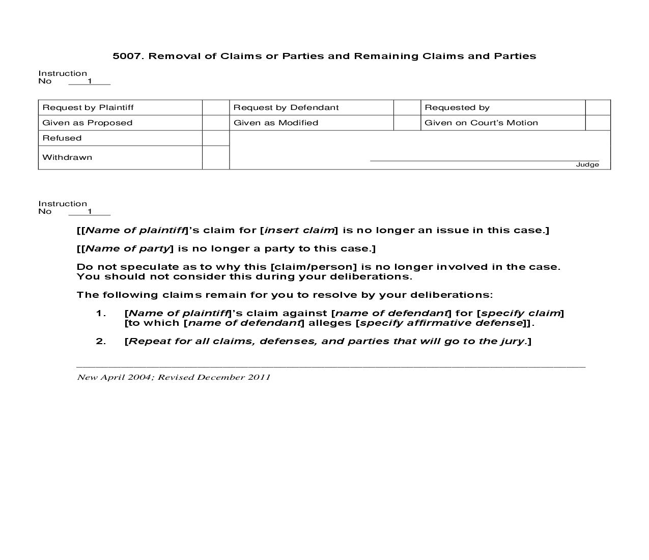 5007. Removal of Claims or Parties and Remaining Claims and Parties | Pdf Doc Docx | Jury Instructions