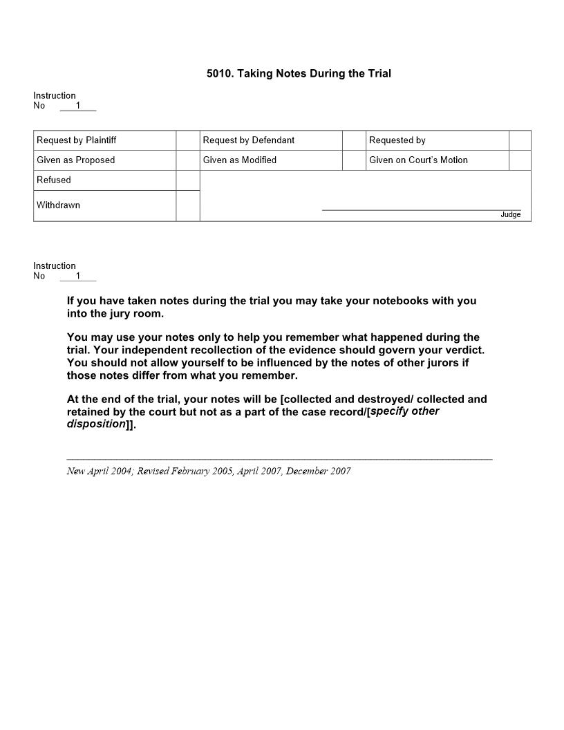 5010. Taking Notes During the Trial | Pdf Doc Docx | Jury Instructions