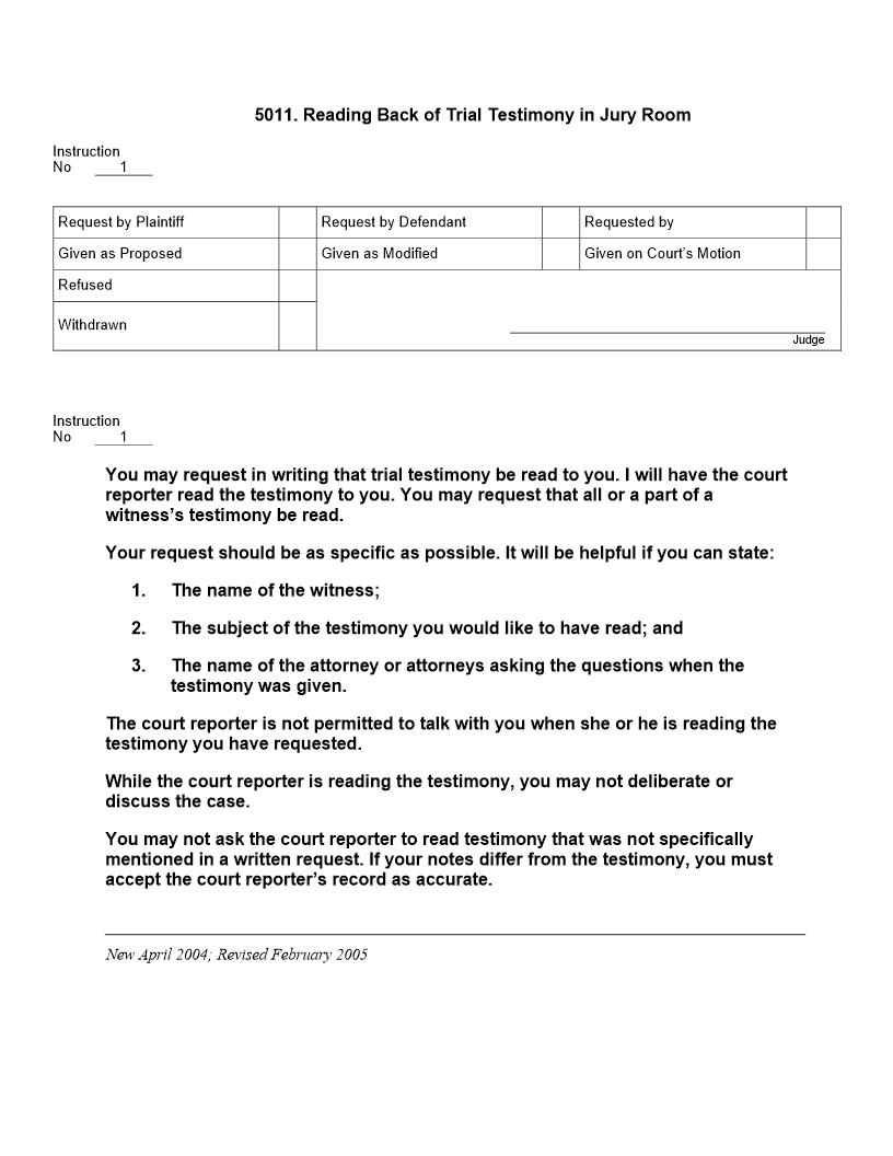 5011. Reading Back of Trial Testimony in Jury Room | Pdf Doc Docx | Jury Instructions