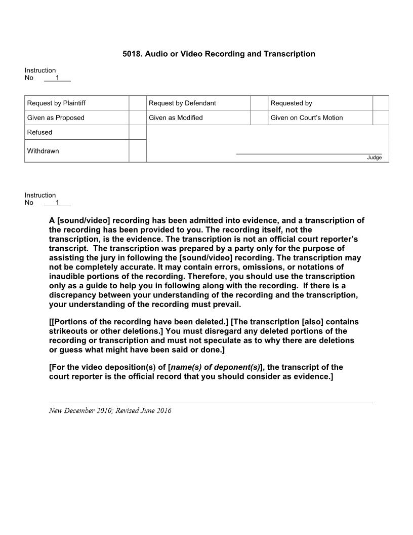 5018. Audio or Video Recording and Transcription (Concluding Instructions) | Pdf Docx | Jury Instructions