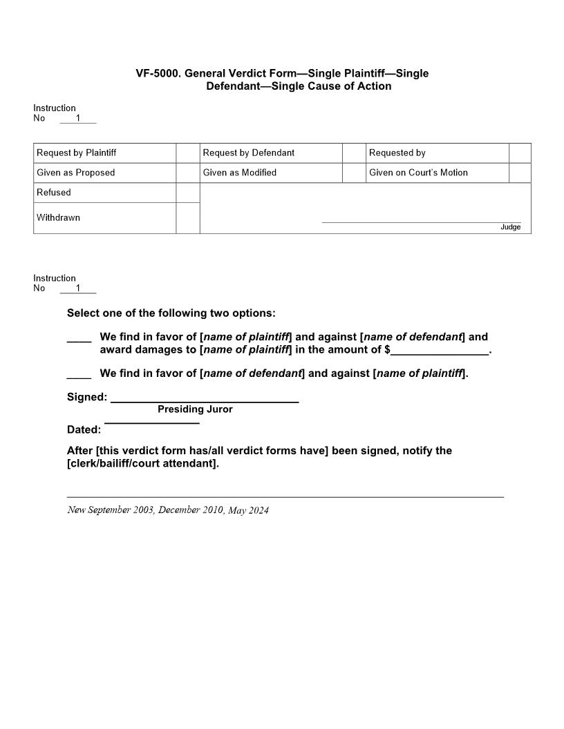 VF 5000. General Verdict Form Single Plaintiff Single Defendant Single Cause Of Action | Pdf Doc Docx | Jury Instructions
