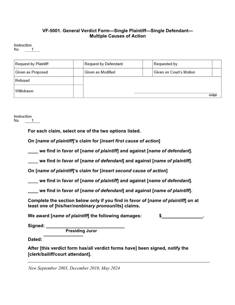 VF 5001. General Verdict Form 1 Plaintiff 1 Defendant Multiple Causes of Action (Concluding Instructions) | Pdf Docx | Jury Instructions
