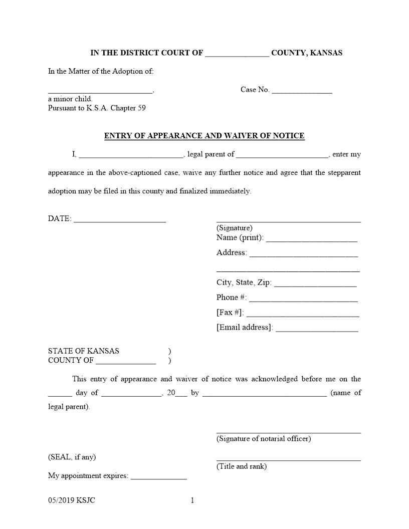 Entry of Appearance And Waiver of Notice | Pdf Fpdf Docx | Kansas