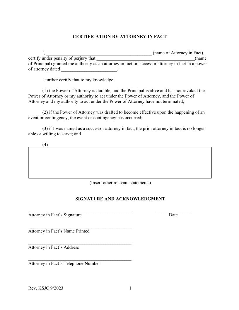 Certification By Attorney In Fact | Pdf Fpdf Docx | Kansas