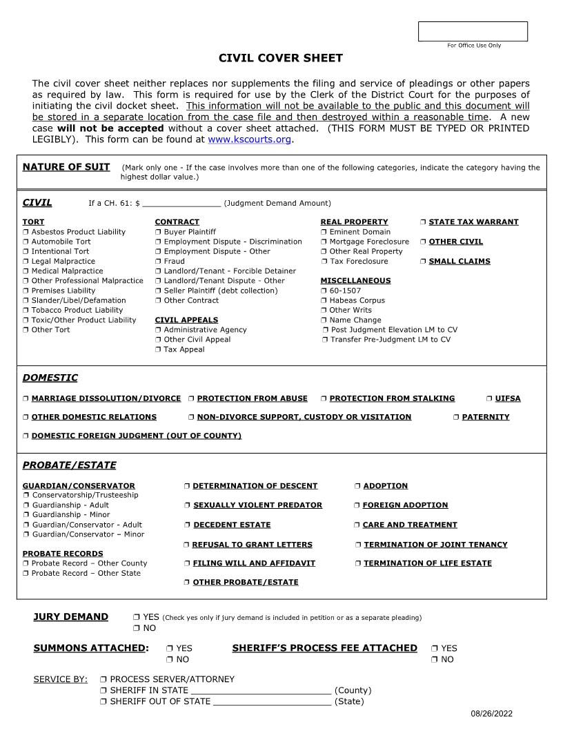 Civil Cover Sheet | Pdf Fpdf Docx | Kansas