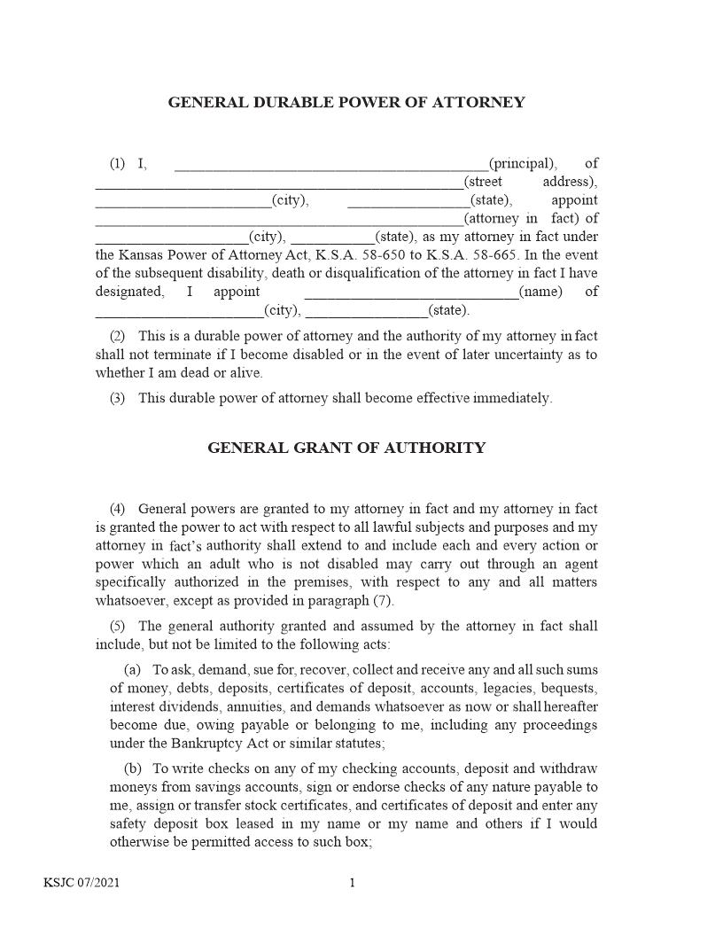 Durable Power of Attorney | Pdf Fpdf Docx | Kansas