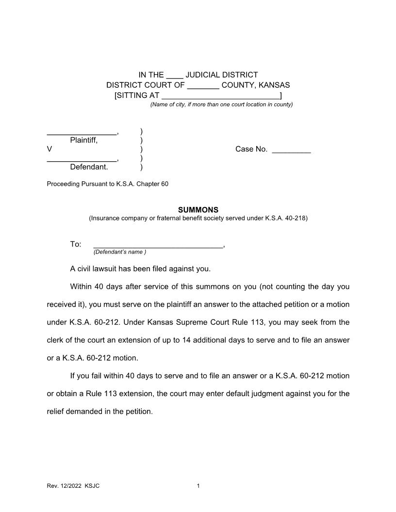 Insurance Summons And Return Of Service | Pdf Fpdf Docx | Kansas