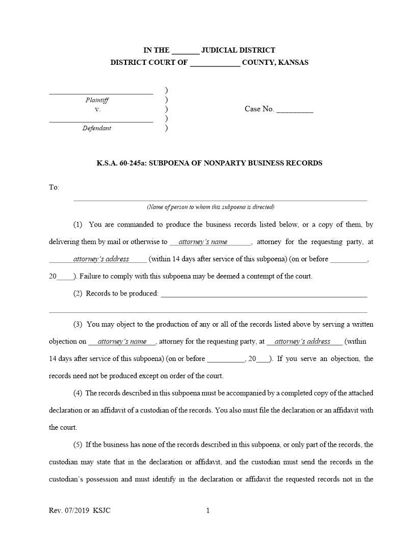 Subpoena Of Nonparty Business Records | Pdf Fpdf Docx | Kansas