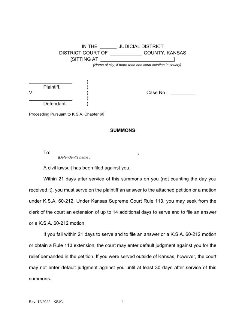 Summons And Return Of Service | Pdf Fpdf Docx | Kansas