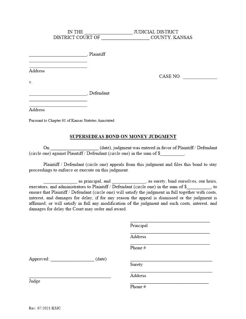 Supersedeas Bond on Money Judgment | Pdf Fpdf Docx | Kansas