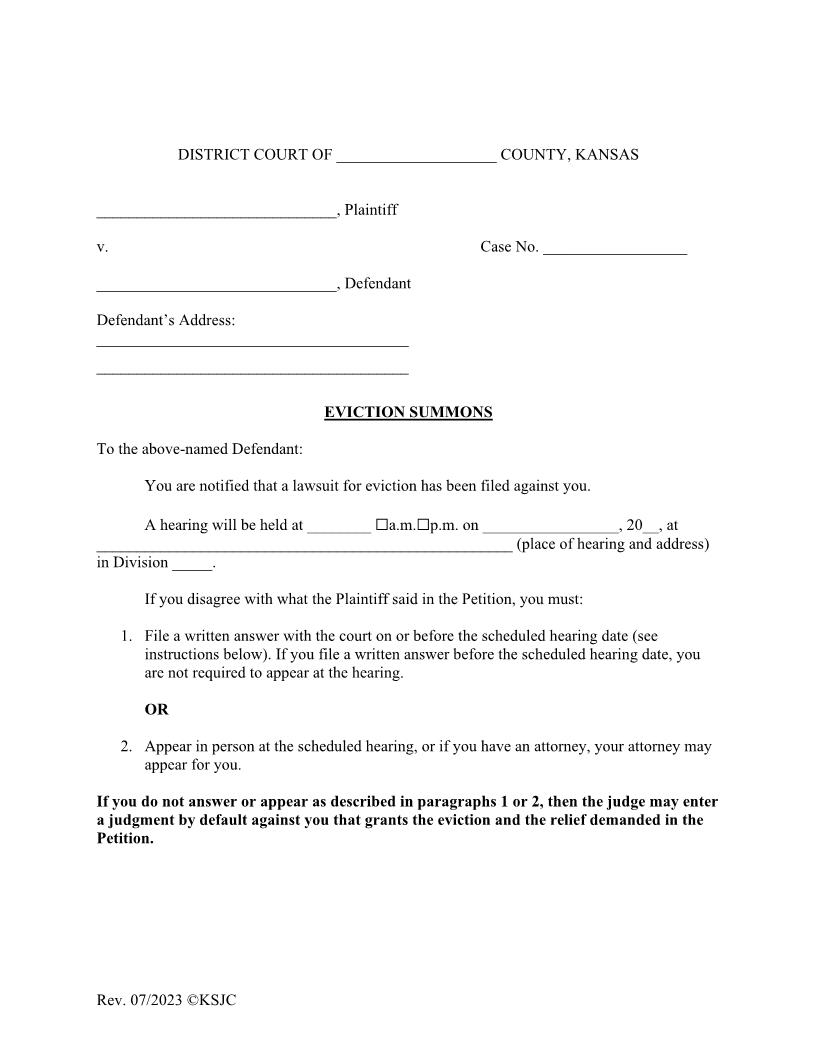 Eviction Summons | Pdf Fpdf Doc Docx | Kansas