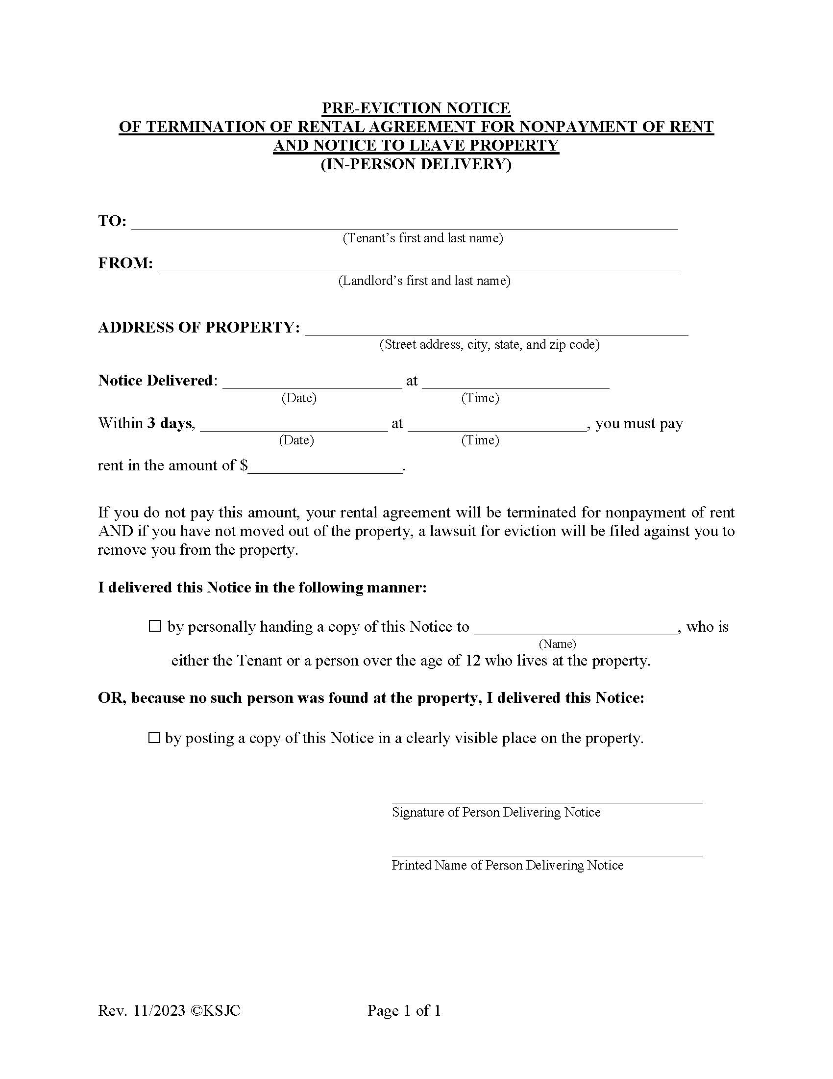Notice To Leave (In-Person) | Pdf Fpdf Docx | Kansas