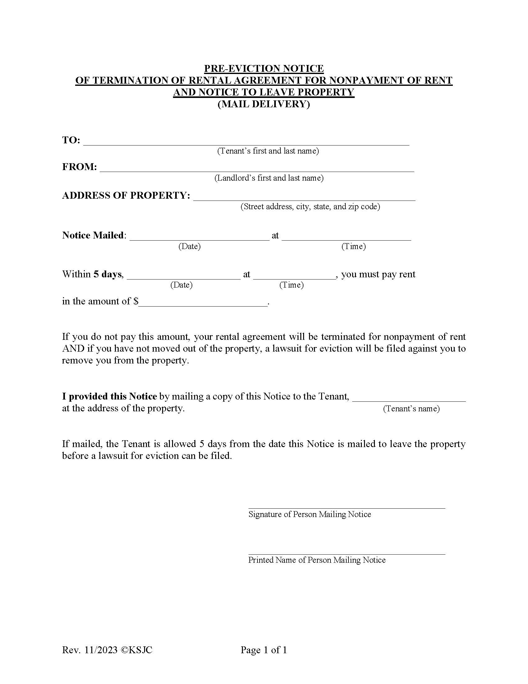 Notice To Leave (Mail) | Pdf Fpdf Docx | Kansas