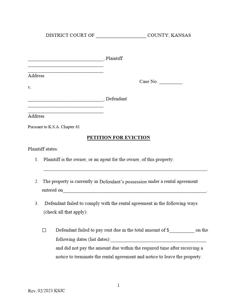 Petition (Eviction) | Pdf Fpdf Doc Docx | Kansas
