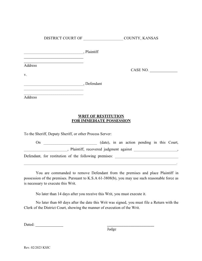 Writ Of Restitution For Immediate Possession | Pdf Fpdf Docx | Kansas