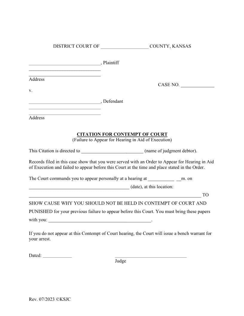 Citation For Contempt | Pdf Fpdf Doc Docx | Kansas