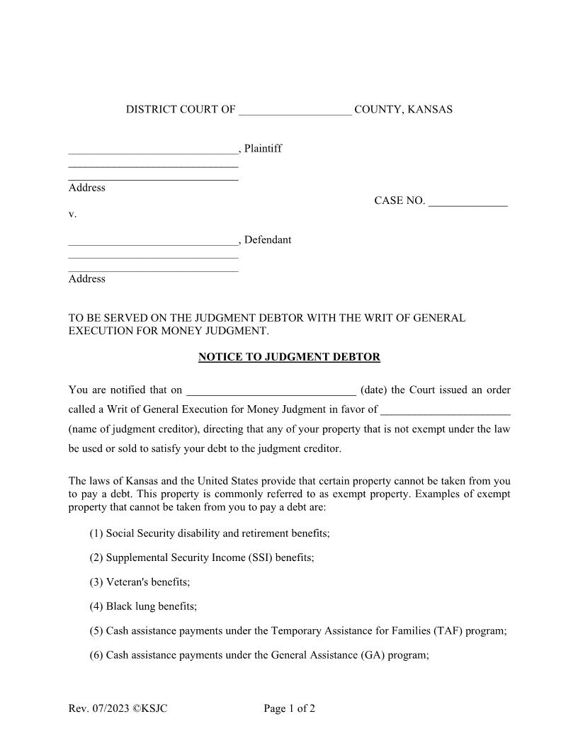 Notice To Judgment Debtor (General Execution) | Pdf Fpdf Doc Docx | Kansas