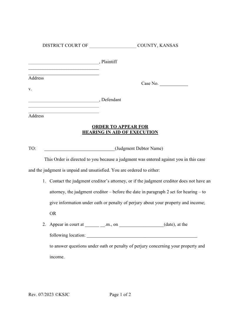 Order To Appear For Hearing In Aid Of Execution | Pdf Fpdf Doc Docx | Kansas