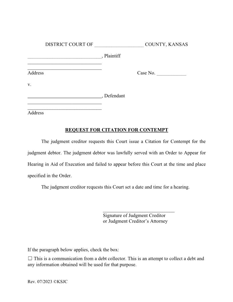 Request For Citation For Contempt | Pdf Fpdf Doc Docx | Kansas