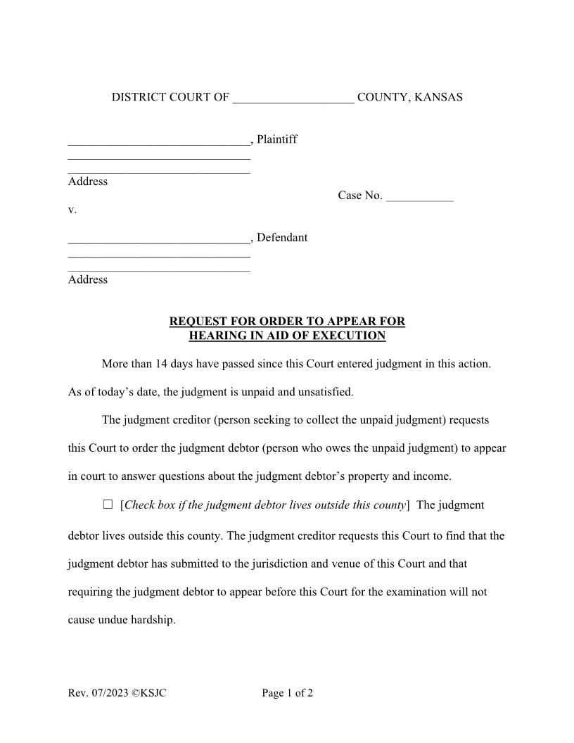 Request For Order To Appear For Hearing In Aid Of Execution | Pdf Fpdf Doc Docx | Kansas