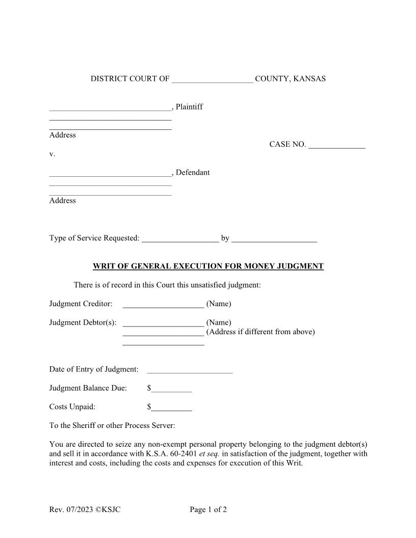 Writ Of General Execution | Pdf Fpdf Doc Docx | Kansas