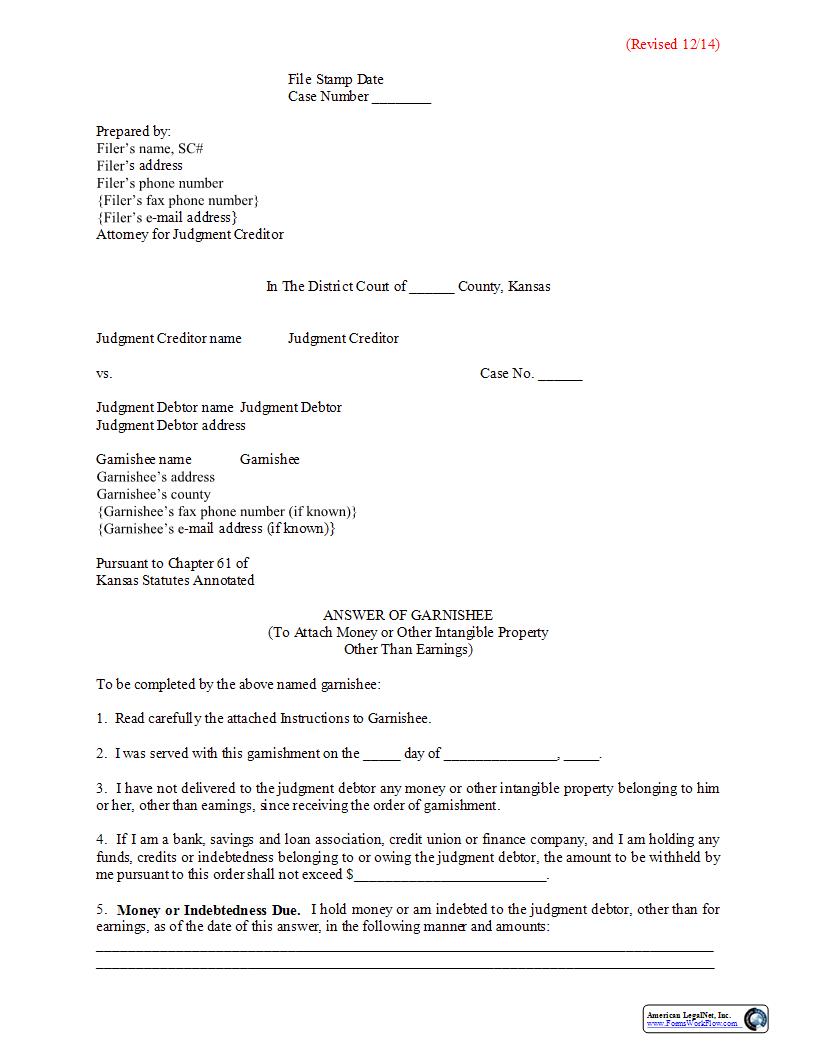 Answer Of Garnishee (To Attach Money Or Property Other Than Earnings) | Pdf Fpdf Docx | Kansas