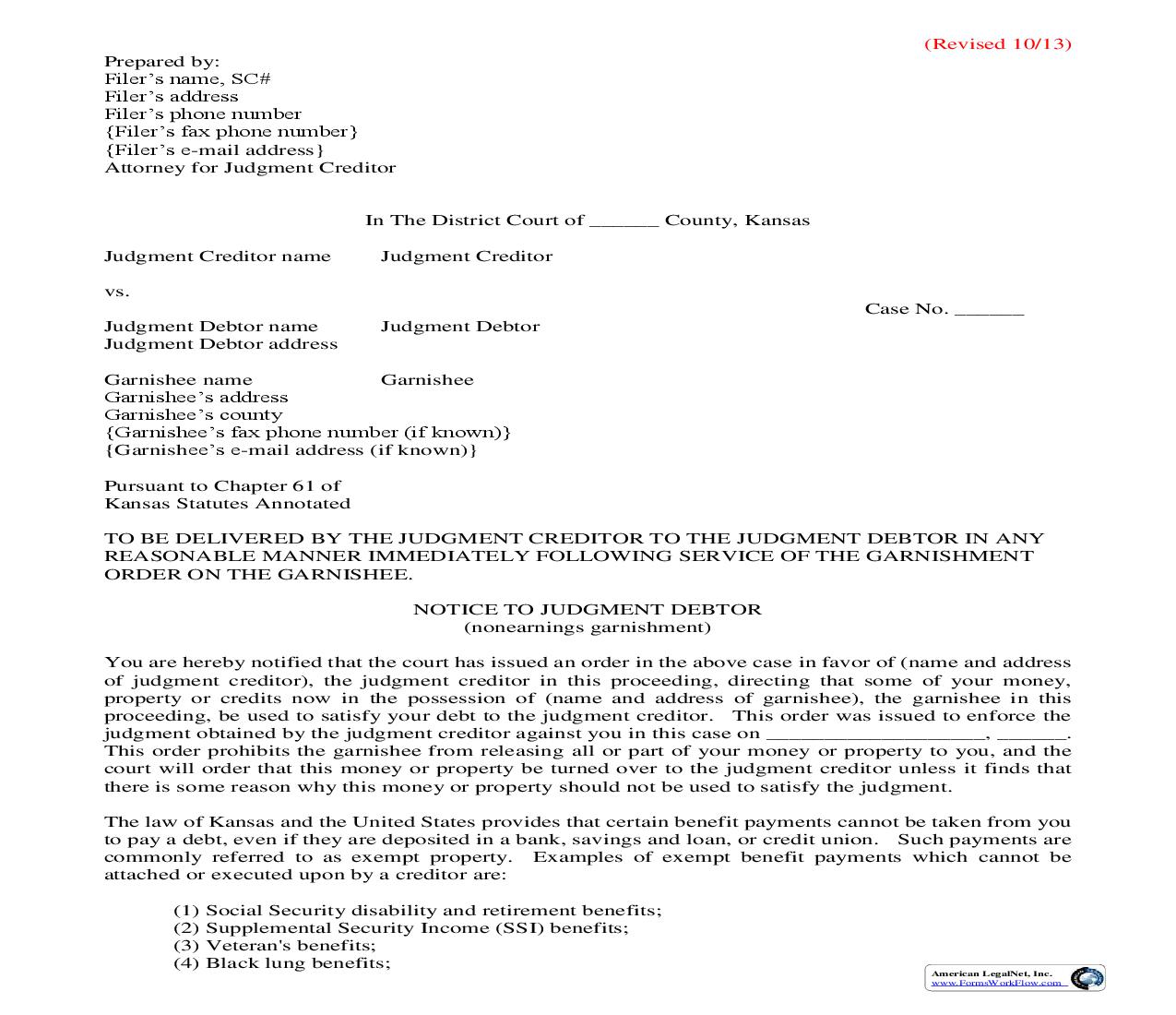 Notice To Judgment Debtor (Nonearnings Garnishment) | Pdf Fpdf Doc Docx | Kansas