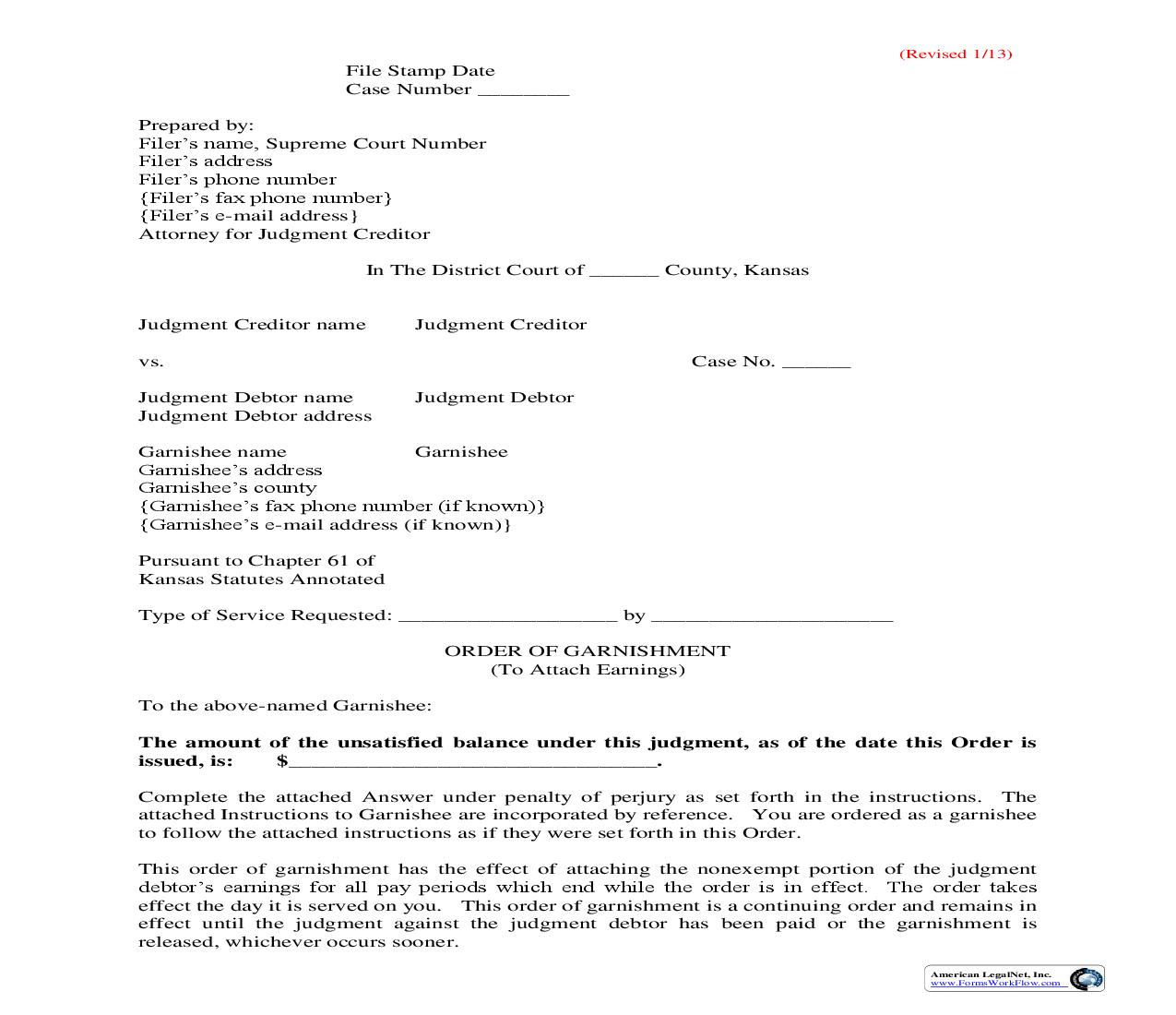 Order Of Garnishment (To Attach Earnings) | Pdf Fpdf Doc Docx | Kansas