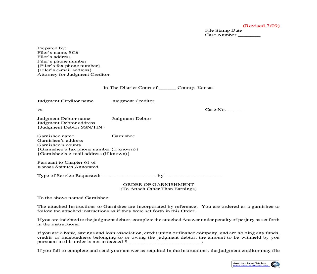 Order Of Garnishment (To Attach Other Than Earnings) | Pdf Fpdf Doc Docx | Kansas